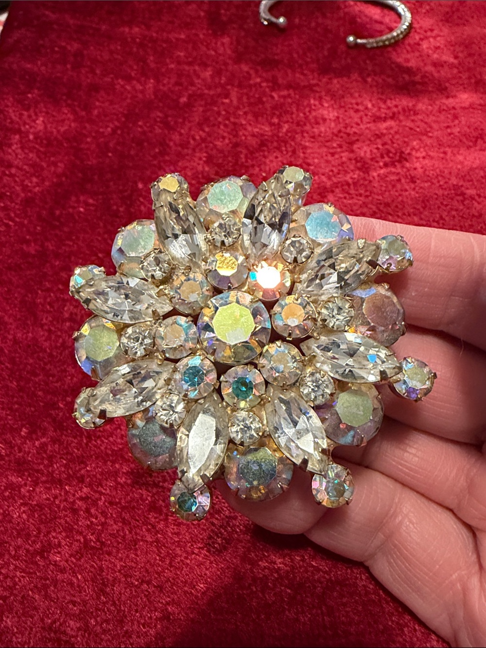 Vintage Glass Aurora borealis  Flower Brooch unsigned but from high end boutique